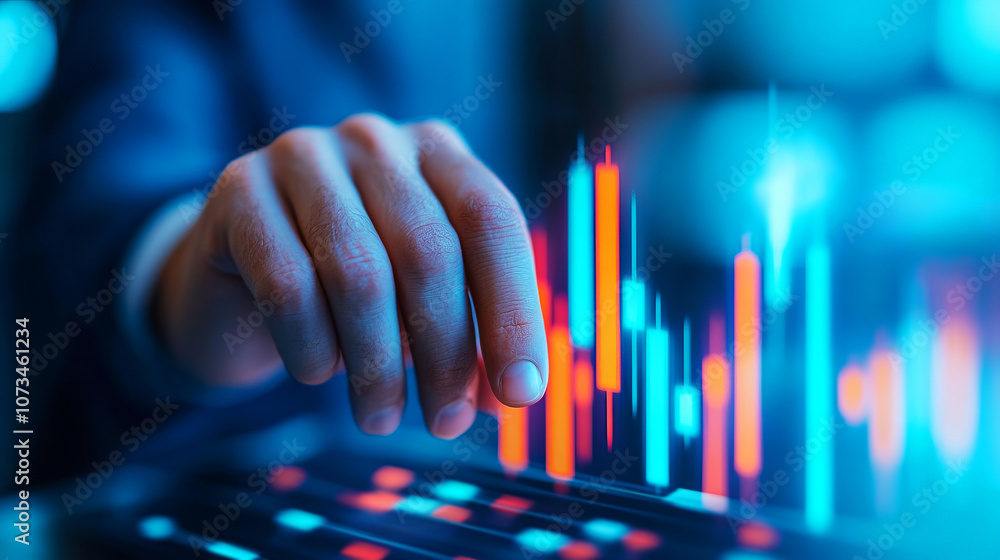 Aufkleber hand of a businessperson analyzing financial data on a digital dashboard with vibrant graphs and cha