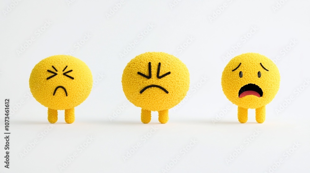 Poster set of vibrant yellow emoji icons depicting a range of facial expressions and emotional states inclu