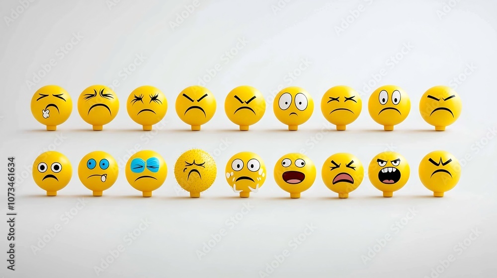 Poster Vibrant Set of Yellow Emoji Icons Depicting a Range of Emotions Including Winking Smiling Neutral and Shocked Facial Expressions on a Clean White Background