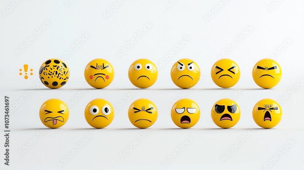 Poster Set of bright yellow emoji icons in a pixel perfect style featuring expressions like winking smiling neutral and shocked faces all displayed on a clean white background for a simple modern aesthetic