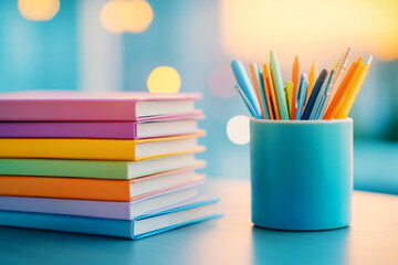Fototapeta premium Colorful stationery setup featuring stacked notebooks and a vibrant cup filled with pens, pencils, and markers on a soft background with blurred lights in a well-lit workspace