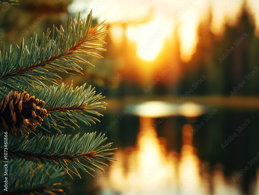 Poster close-up view of pine tree branch with cones against a warm sunset reflection over a tranquil lake s