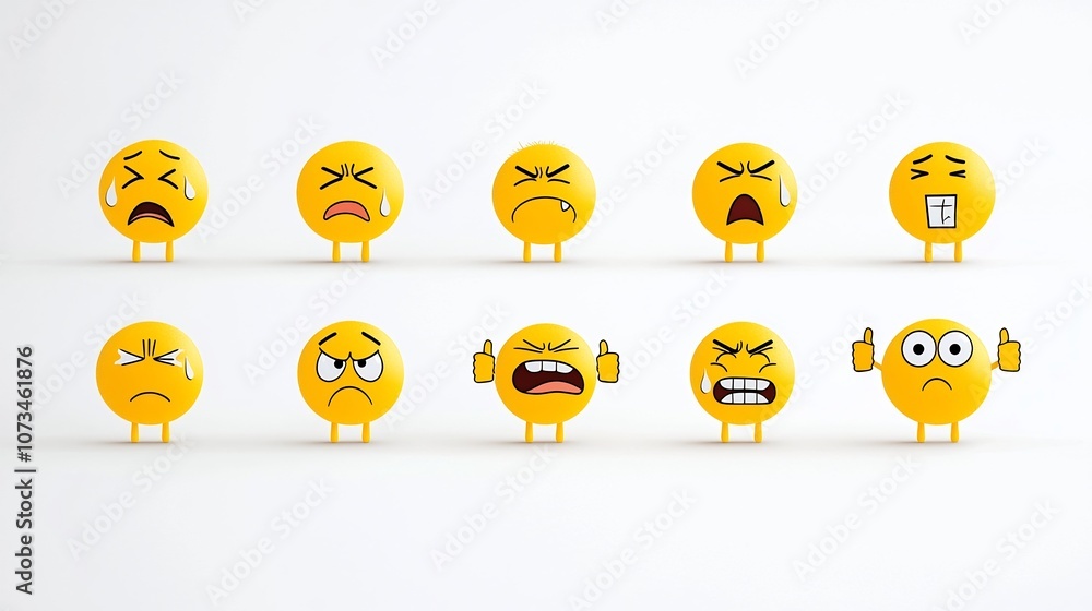 Poster Colorful Assortment of Diverse Emoji Icons with Various Emotional Expressions Including Happy Crying Thinking and Thumbs Up Gestures Depicted in a Flat Vector Style on a Clean White Background