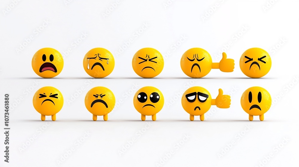 Poster diverse set of yellow emojis showcasing a range of expressive facial gestures such as crying happine