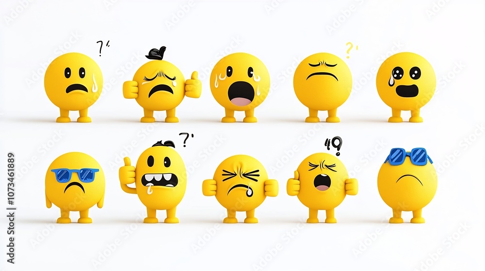 Poster collection of yellow emojis showcasing a variety of expressive emotions and gestures such as crying 