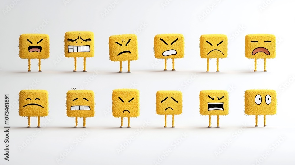 Poster Comprehensive set of vibrant yellow emoji icons depicting a range of emotions from contentment and amazement to laughing and frowning presented against a clean