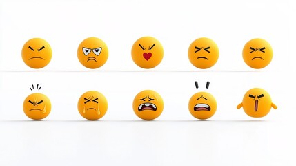 Obraz premium Comprehensive Collection of Expressive Yellow Emoji Icons Featuring Diverse Facial Expressions including Heart Eyes Anger Crying and Laughter in a Pixel Perfect 64x64 Design on a White Background