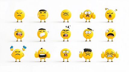 A vibrant collection of yellow emojis showcasing a range of expressive gestures and emotions including crying happiness contemplation and a thumbs up  These flat vector