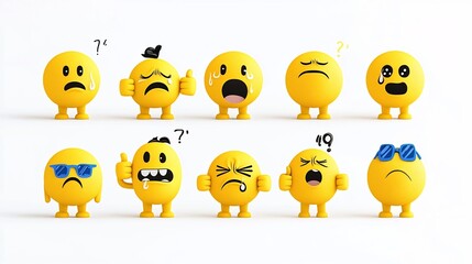 Obraz premium Collection of yellow emojis showcasing a variety of expressive emotions and gestures such as crying happy thinking and thumbs up presented in a flat style and perfectly isolated on a white background