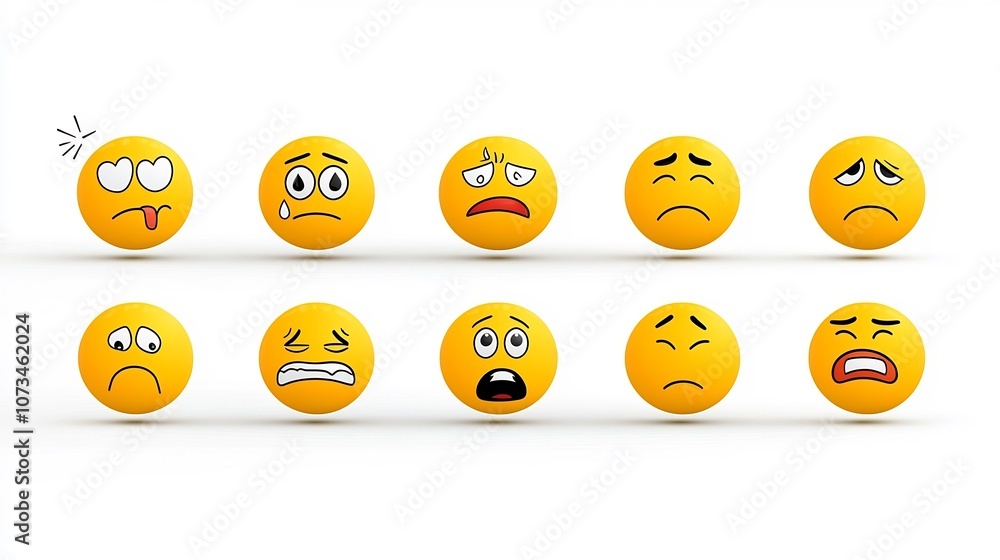 Poster Collection of yellow emoji icons displaying a range of emotional expressions including love sadness anger and happiness in a flat style isolated on a white background