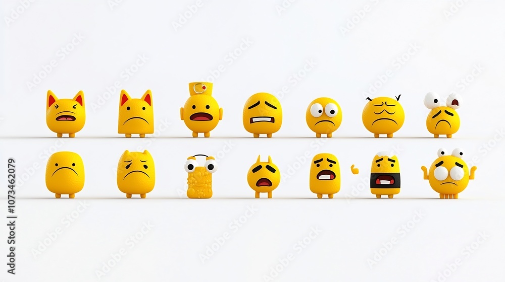 Poster Set of expressive pixel perfect yellow emoji icons depicting various facial expressions such as joy sadness boredom and anger on a clean white background
