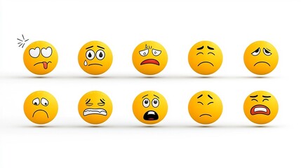 Fototapeta premium Collection of yellow emoji icons displaying a range of emotional expressions including love sadness anger and happiness in a flat style isolated on a white background