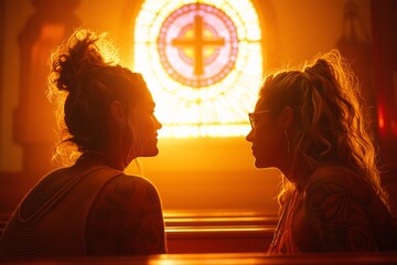 Two women in a church, bathed in warm light.