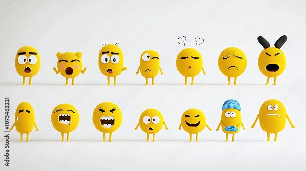 Poster collection of vibrant yellow emoji icons showcasing various expressive emotions isolated on a clean 