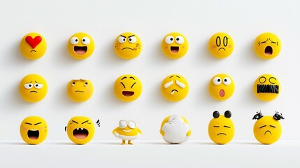 Diverse collection of yellow emoji icons showcasing various expressive facial reactions like heart eyes surprise laughter and sleepy