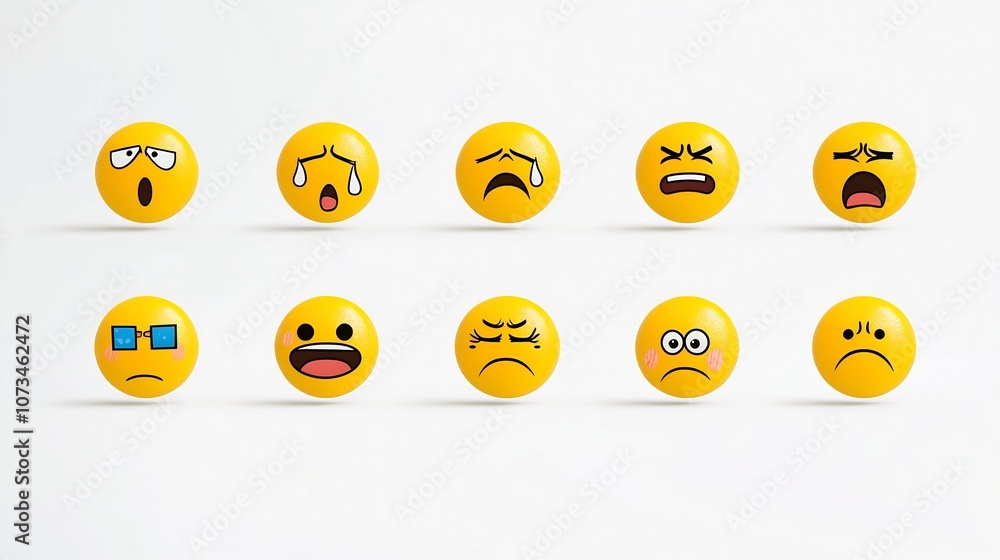 Poster vibrant set of expressive yellow emoji icons showing various reactions like crying blushing frowning