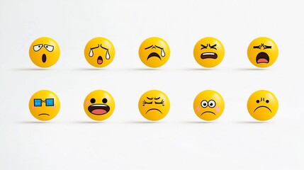 Vibrant Set of Expressive Yellow Emoji Icons Showing Various Reactions Like Crying Blushing Frowning and Grinning Isolated on a Clean White Background  Flat Vector