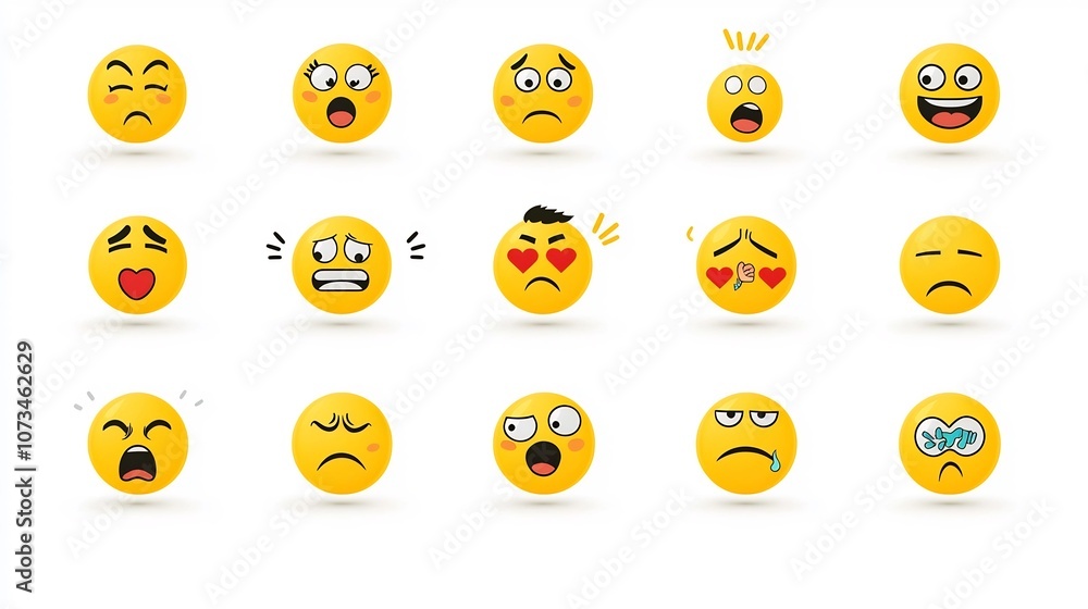 Aufkleber vibrant collection of expressive yellow emoji icons featuring faces with surprise laughing heart eye