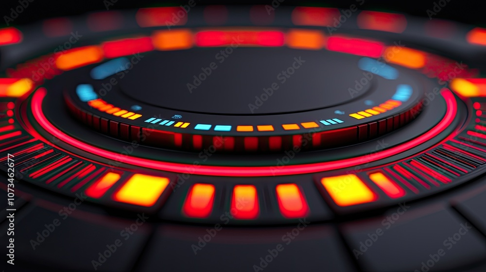 Poster the intricate design of a futuristic interface with vibrant colors and light patterns