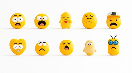 Naklejka premium Colorful Collection of Playful Yellow Emoji Icons Showcasing Various Facial Expressions Such as Surprise Laughter Heart Eyed Joy and Sadness Against a Clean White Background