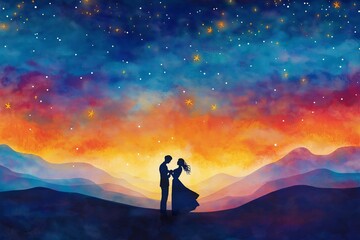 Fototapeta premium A romantic watercolor illustration of a couple dancing under a vibrant starry sky with warm sunset hues and silhouette mountains, creating a magical evening atmosphere