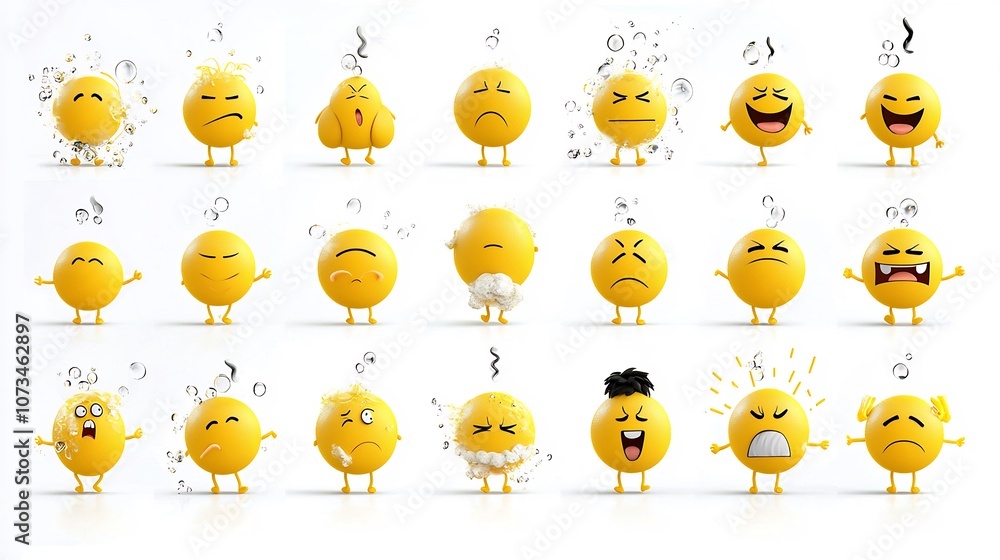 Poster Collection of vibrant yellow emoji icons depicting a range of expressive emotions such as laughing thinking sleepy and smiling all set against a clean white background with a pixel perfect