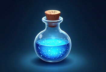 cartoon bottle with blue liquid with sparkling bubbles, magic potion