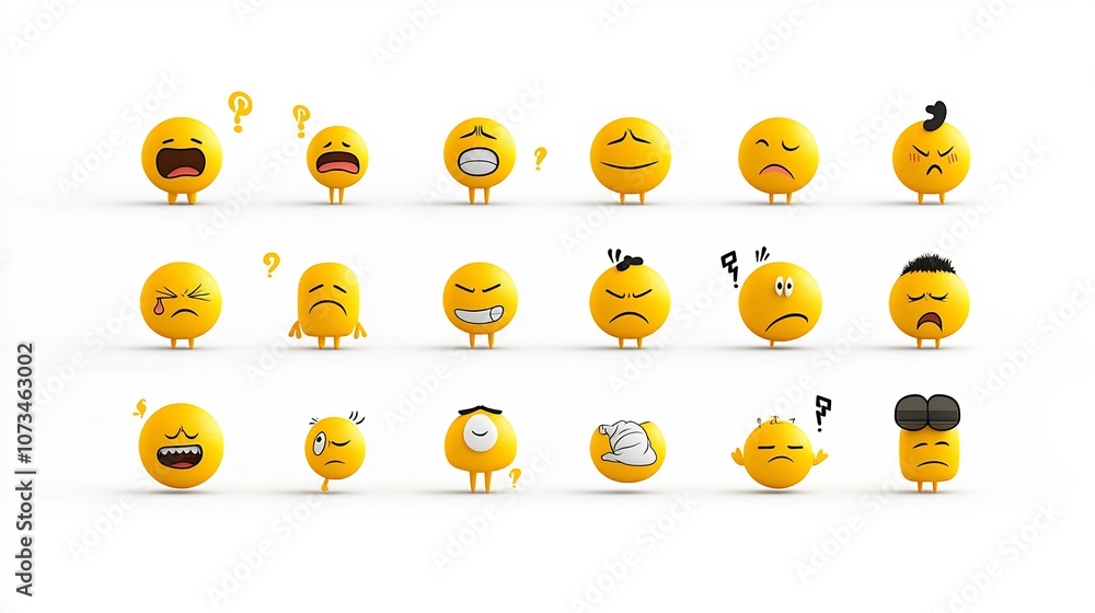 Poster Captivating collection of pixel perfect yellow emoji icons showcasing a range of expressive emotions including laughing thinking sleepy and smiling against a clean white background