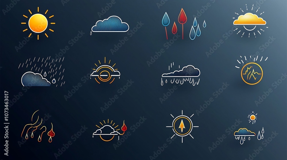 Aufkleber comprehensive collection of editable weather icons featuring sunny rainy cloudy and storm symbols in