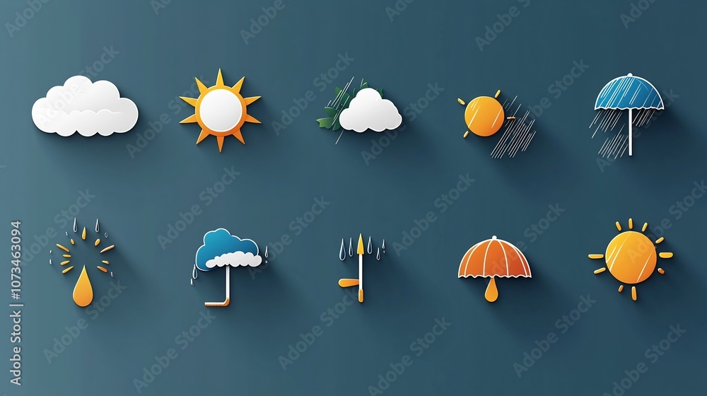 Poster comprehensive set of weather icons featuring sunny rainy cloudy and storm symbols in a flat minimali