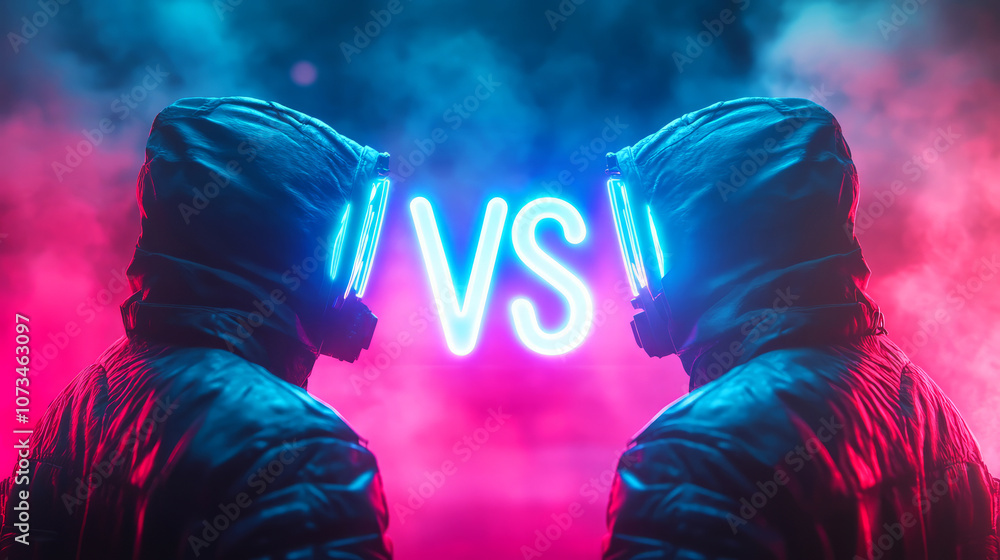 Poster futuristic battle between two mysterious figures in neon glow with intense smoke and colorful backgr
