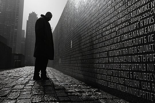 person stands quietly memorial wall engraved names Holocaust victims head bowed thought and gently touching name solemn atmosphere.