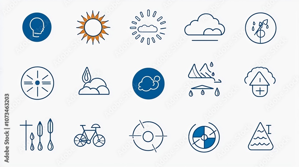Poster editable stroke outline icons for weather including sun clouds rain and snow isolated on a clean whi