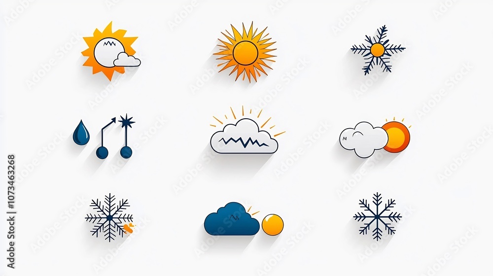 Aufkleber Set of Minimalist Weather Icons in Editable Outline Style Featuring Snowflakes Sunshine and Cloud Symbols  Flat Design Isolated on White Background Ideal for Mobile App