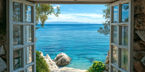 Open window with serene seaside scene, featuring tranquil blue waters. High Quality Image