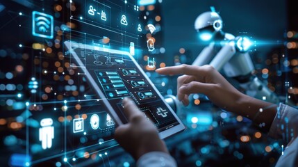 Obraz premium A manufacturing engineer at the factory holds a device with artificial intelligence technology in his hands. Includes cameras and security features. The concept of automation, robotics, machine learni