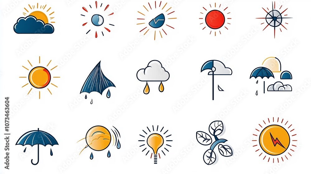 Aufkleber set of minimalistic outline weather icons including rainy sunny and windy symbols on a clean white b