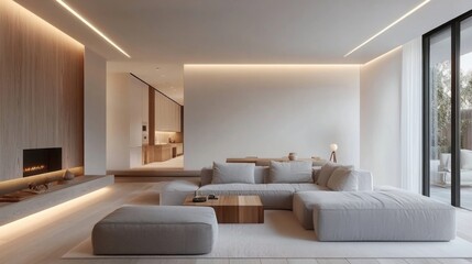 Modern living room with a fireplace, sectional sofa, and a view of the outdoors