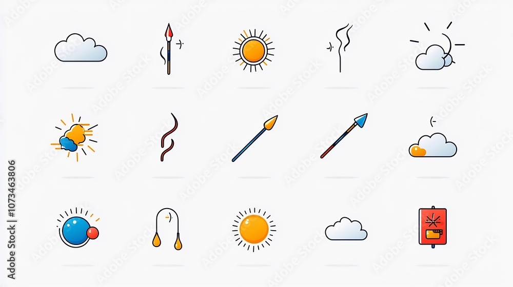 Aufkleber Set of Simple Weather Icons Featuring Symbols of Wind Snow Sun and Clouds in Editable Stroke Outline Style  Flat Graphic Collection Isolated on White Background 64 x 64 Pixels