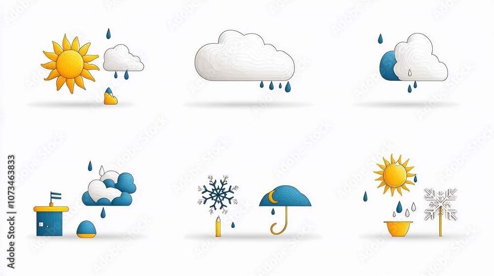 Poster flat weather icons with editable outline style featuring cloud rain sun and snowflake symbols on a c