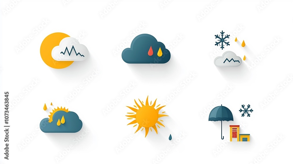 Poster Set of flat weather icons including cloud rain sun and snowflake symbols with editable outline style presented on a clean white background in a pixel perfect 64 x 64 format