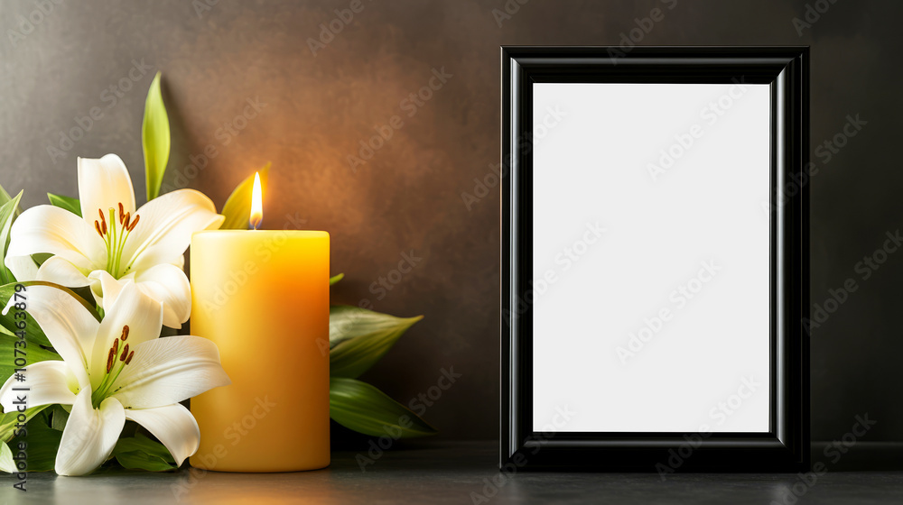 Poster elegant candle and fresh lily arrangement with empty photo frame on a dark background, perfect for p
