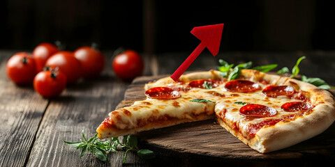 Slice of pizza with an arrow rising, symbolizing food industry growth and success. High Quality Image