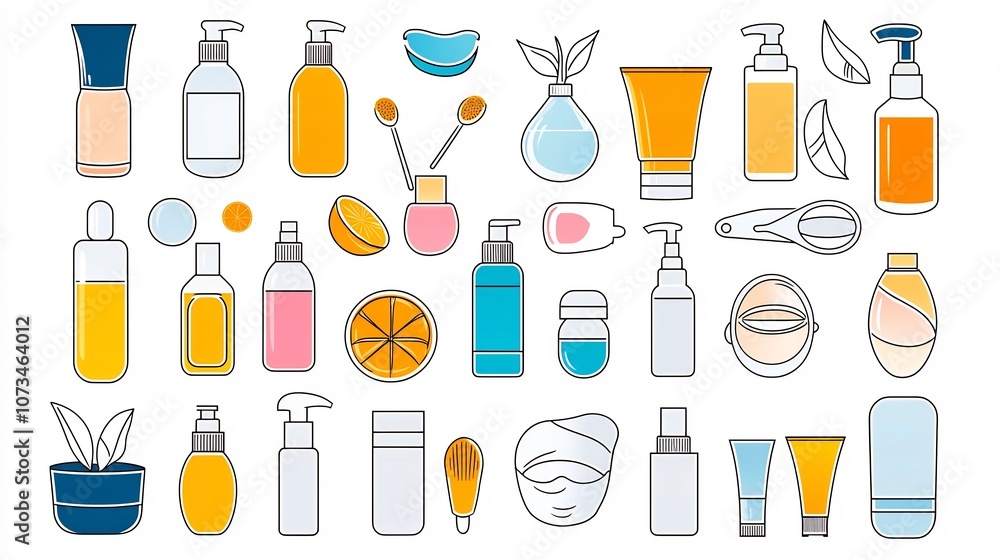 Poster editable stroke outline icons for skincare products including lotion bottles face masks and moisturi
