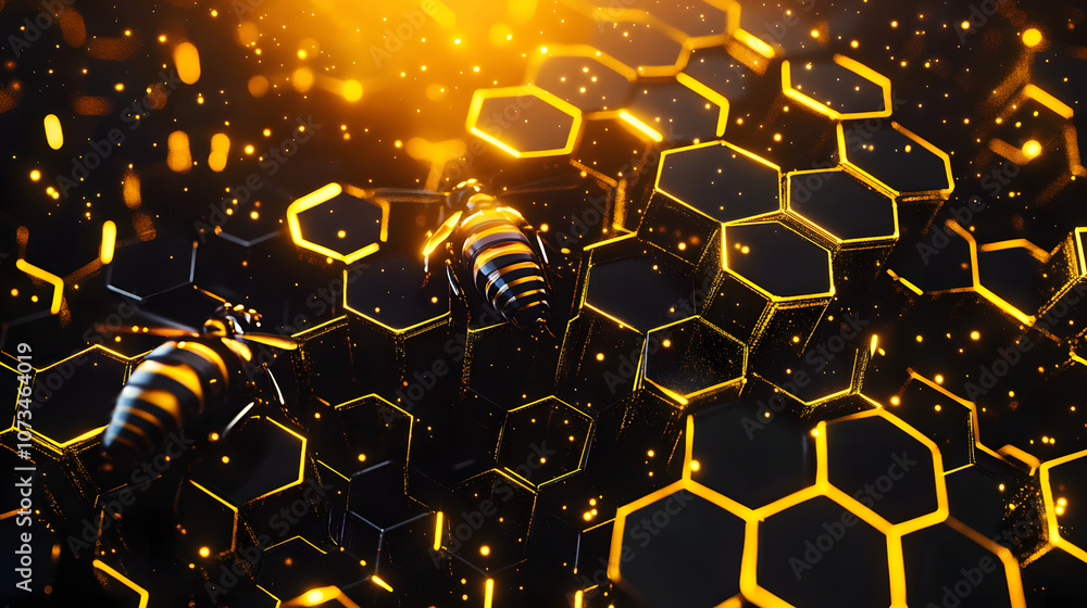 Poster technological bee honeycombs. abstract beehive and apiary. digital bee cells. modern hexagons simila