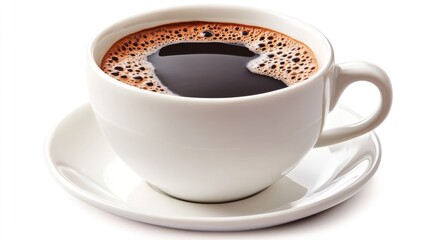 A white cup and saucer with black coffee.
