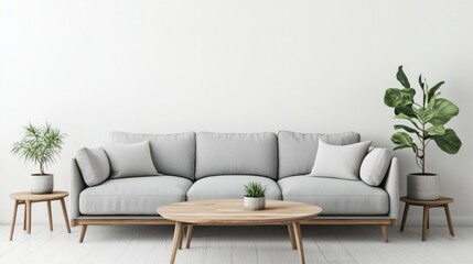 Grey Sofa and Wooden Coffee Table in Minimalist Living Room