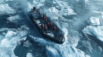 An expedition team aboard a boat navigating through icy waters
