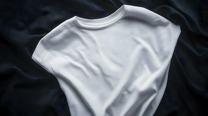 A close-up of a white T-shirt on black fabric, emphasizing its neckline and smooth texture.

