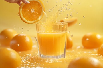 Fresh orange juice is poured into a clear glass. The vibrant color shines in a warm setting. Whole oranges surround the glass. A refreshing drink for sunny days. Generative AI